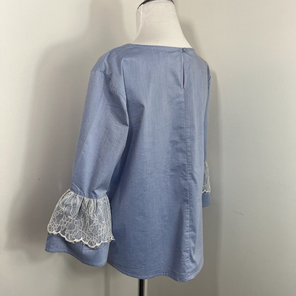 NYC NEW YORK & COMPANY Women's Blue White Top Lace 3/4 Bell Sleeve M Oversized - Picture 4 of 13